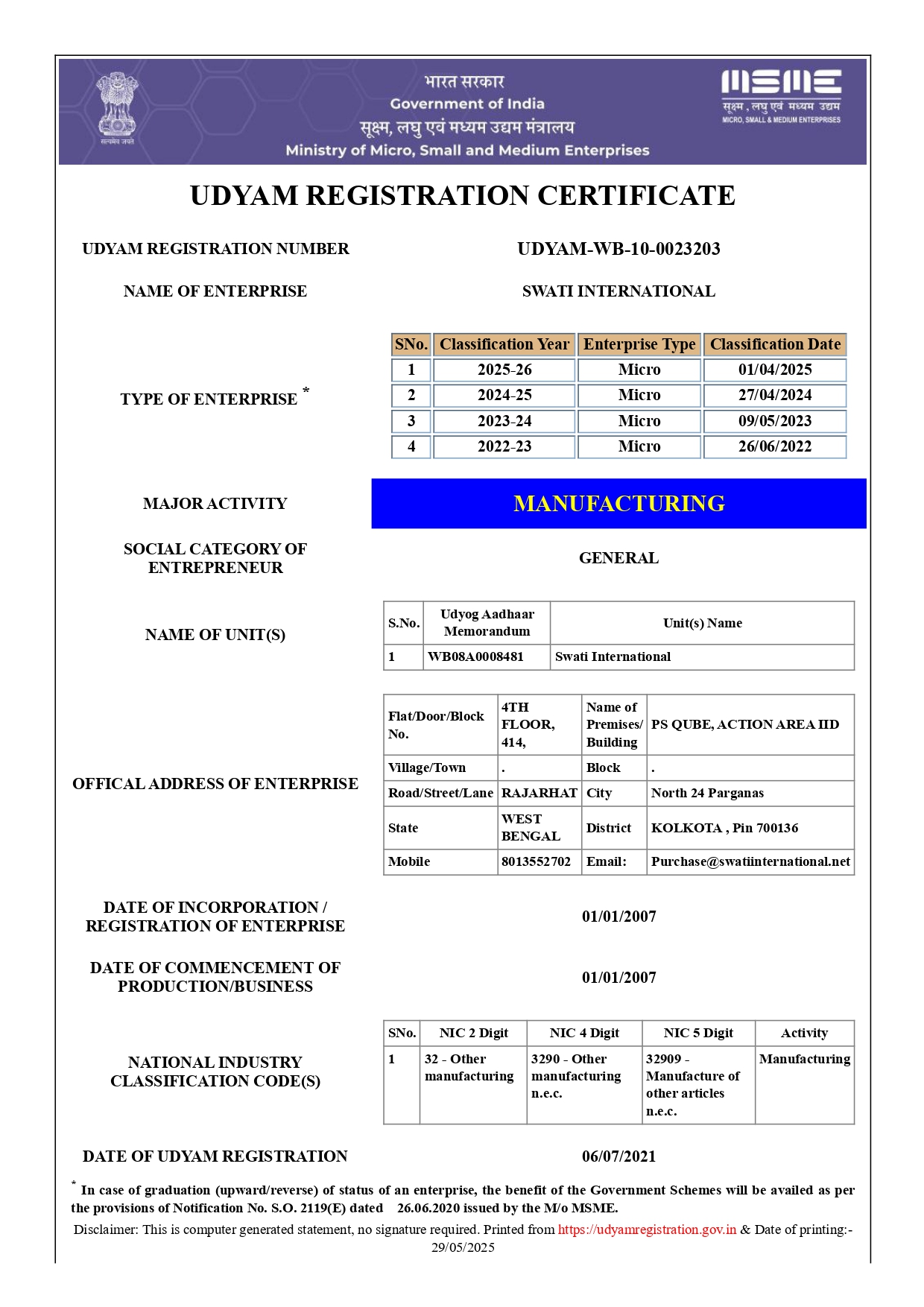 udyam registration certificate 25 26 page 0001