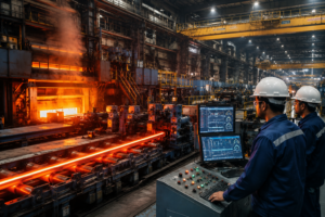Rolling Mills Consultant monitoring steel rolling mill operations with automated process control and hot rolling production line