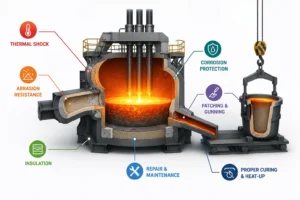 Industrial steel furnace cutaway diagram showing insulation, thermal shock resistance, corrosion protection, repair areas, and refractory lining applications managed by monolithics suppliers.