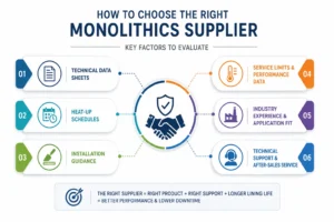 Infographic showing key factors for evaluating monolithics suppliers including technical data sheets, installation guidance, heat-up schedules, service limits, industry experience, and technical support.