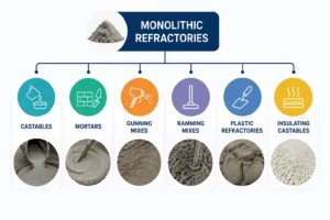 Infographic showing different monolithic refractory materials including castables, mortars, gunning mixes, ramming mixes, plastic refractories, and insulating castables used by monolithics suppliers in steel and high-temperature industries.