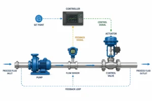 Flow Control Products diagram showing process flow control systems with valve, sensor, actuator, and feedback loop