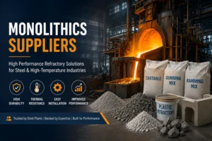 Industrial steel plant hero image showing refractory materials, furnace operations, and monolithics suppliers supporting high-temperature industrial applications.