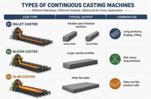 Comparison diagram of billet caster, bloom caster, and slab caster showing typical output and applications used by a CCM manufacturer in steel production