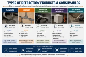 Infographic showing the main types of refractory consumables including castables, mortars, ramming mixes, insulating castables, and patching products.