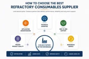 Supplier selection infographic showing key factors for choosing refractory consumables suppliers, including technical expertise, application understanding, support, and product quality.