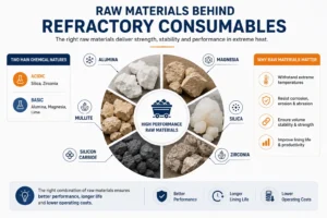 Infographic showing raw materials used in refractory consumables such as alumina, magnesia, silica, zirconia, mullite, and silicon carbide.