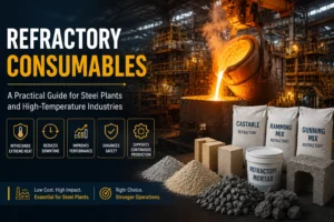 Industrial hero image showing refractory consumables used in a steel plant to support high-temperature performance, durability, and production efficiency.