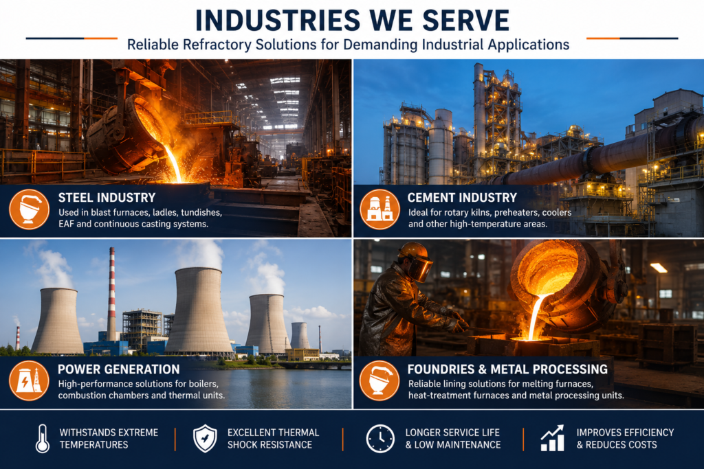 Refractory monolithics used in steel plants, cement factories, power plants, and foundries