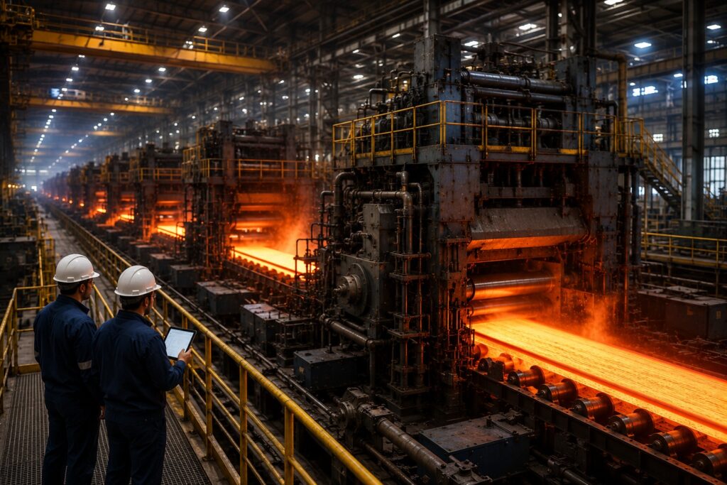 Rolling Mills Consultant inspecting a modern steel rolling mill